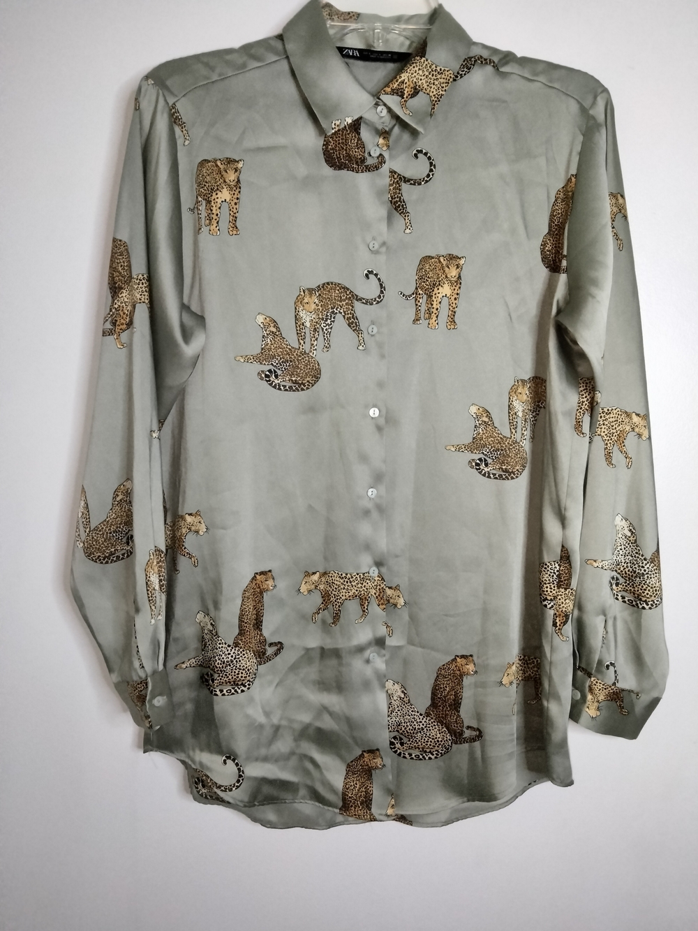 Zara -S- Sage Green Leopard Motif Stretch Satin Textured LS Button-Down Shirt
